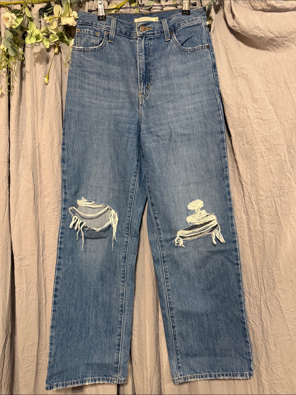 Levi's High Waisted Straight Distressed Jeans - Blue